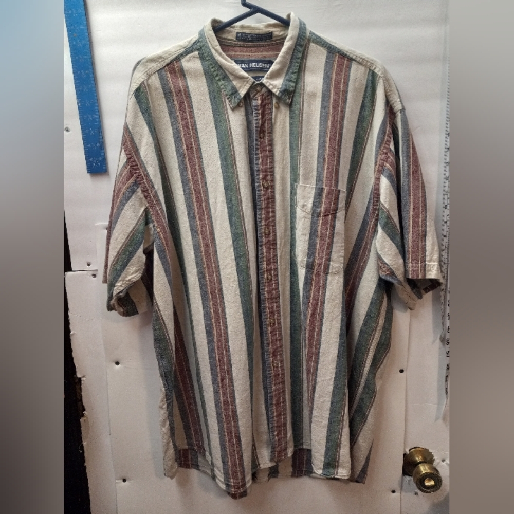 Van Heusen Over Easy Vintage 90s Striped 55% Linen Blend Shirt XL Cream Vacation
